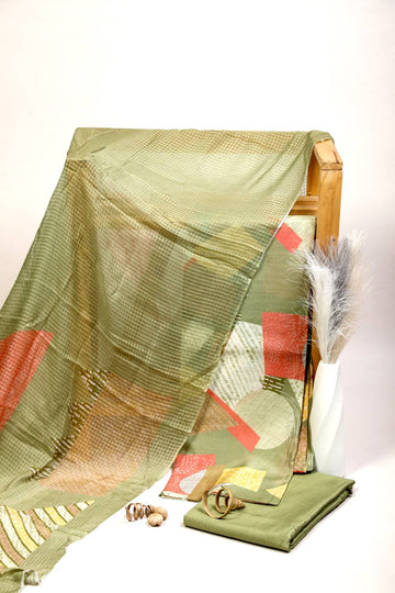 Geometric Pure Viscose Elegant Olive Unstitched Suit Set Geetha Creation